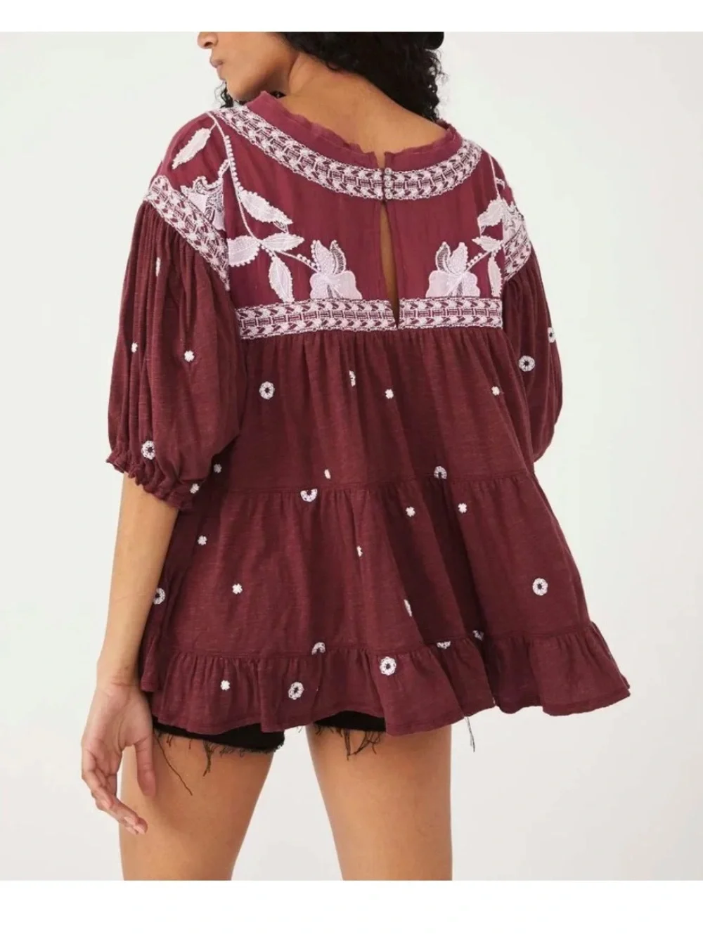 Free People Edie Top Sweet Raisin Maroon Embroidered Boho Peasant Blouse Size XS